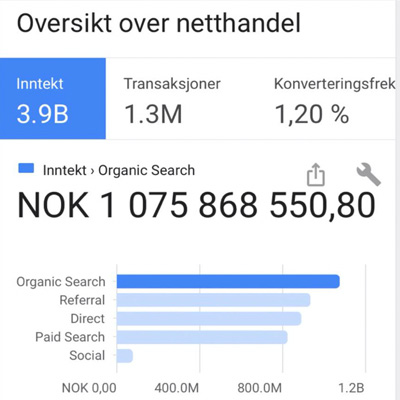 Skjermbilde fra Google Analytics etter SEO for nettbutikk