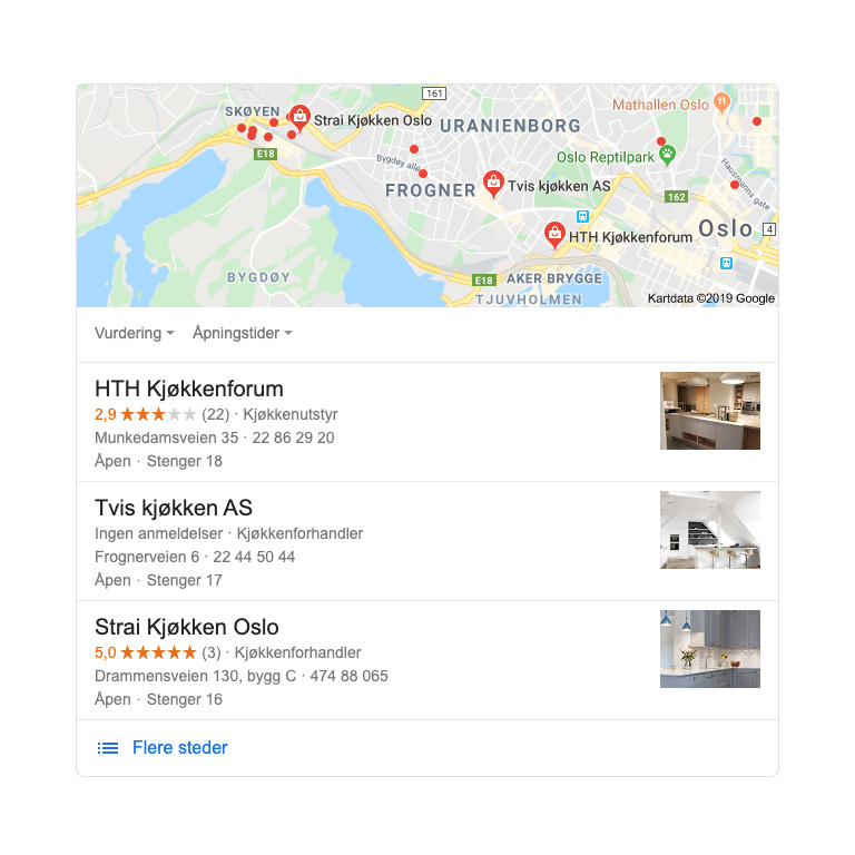 Lokalt søkeresultat med bedrifter i Oslo, Norge. Google organisk søk viser lokale søk med kart.